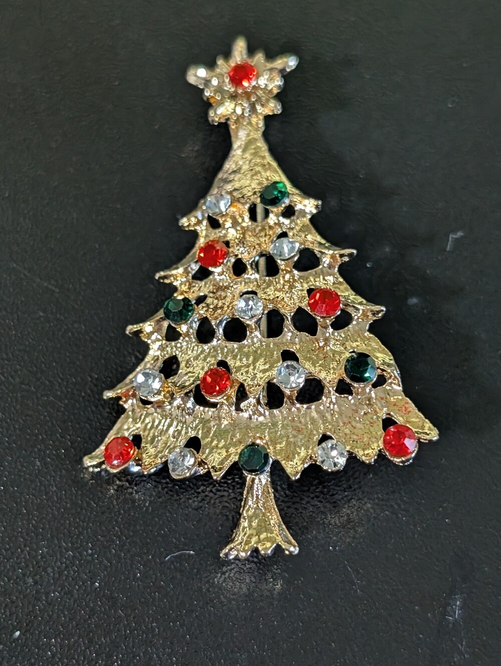 Gold Tone Christmas Tree Brooch with Red, Green & Clear Stones